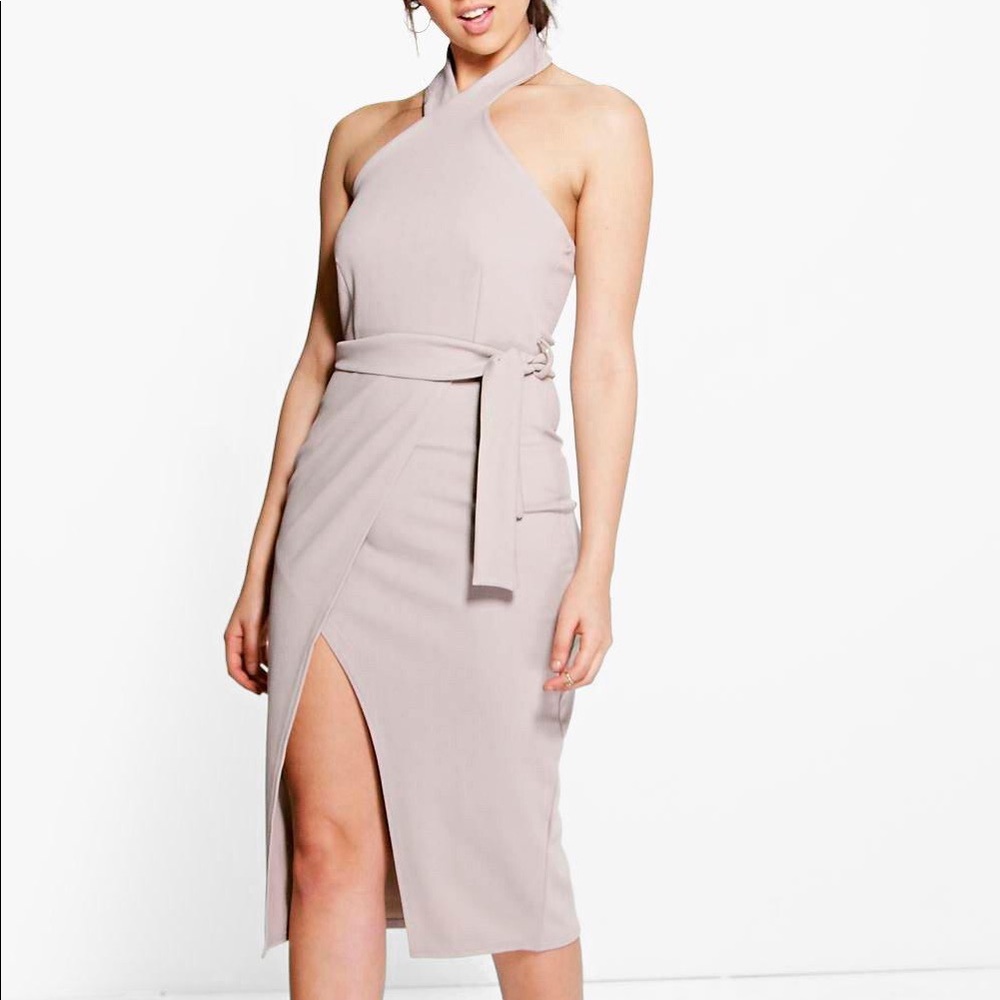 Gray halter neck wrap midi dress